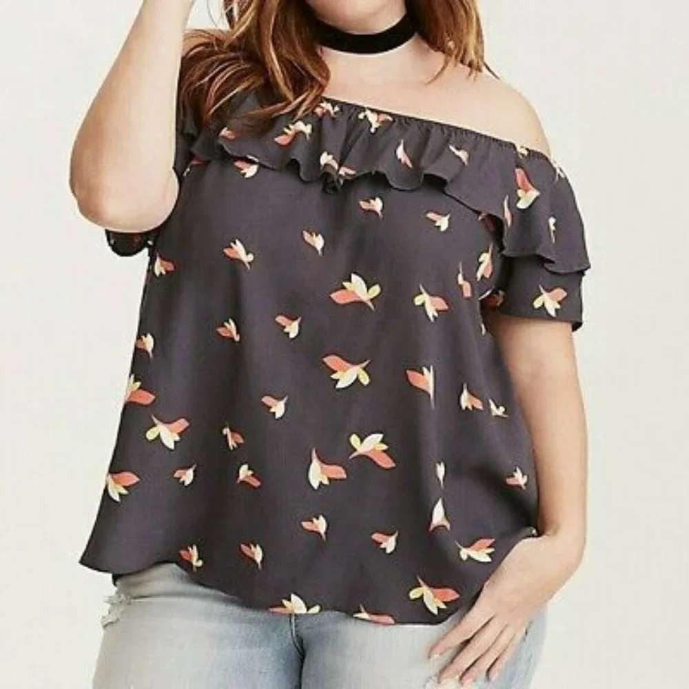 Torrid Women 2X Off Shoulder Ruffle Blouse Charcoal Grey Bird Print Top 10847229